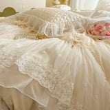 Double Layer Lace Ruffles Princess Wedding Bedding Set 100S Egyptian Cotton Duvet Cover Quilted Bedspread Bed Skirt Pillowcases