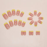 Short Press on Nails French Yellow Plaid Line Style Fake Nails Wearable False Nail Tips Square Press on Artificial Fake Tips