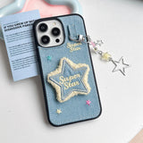 Embroidery Stars Jean Cloth Denim Case For iPhone 12 13 14 15 Pro Max 11 Phone Case with Star Pendant Keychain Soft Back Cover