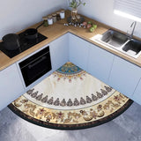 Kitchen Corner Fan-shaped Floor Mat Retro Arc Flower Pattern PVC Foot Mats Absorbs Water Oil Non-slip Dirt-resistant Dark Carpet