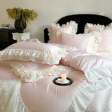 4Pcs Pink Romantic Lace Ruffles Princess Wedding Bedding Set 100% Cotton Duvet Cover Bed Sheet Or Quilted Bedspread Pillowcases