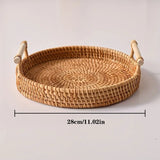 1pc Artisanal Woven Rattan Serving Tray - Dual Handles, Multipurpose Tea and Snack Presentation Platter, Ideal Bread Basket with