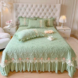 Luxury Velvet Fleece Flowers Lace Ruffles Quilted Bedspread, Mattress Cover, Bed Skirt, Bed Sheet Set, With Pillowcases, 3Pcs