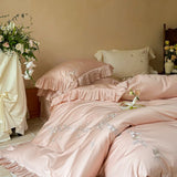 4Pcs Pink Rose Flowers Embroidery Ruffles 1000TC Egyptian Cotton Bedding Set Duvet Cover Set Bed Sheet/Fitted Sheet Pillowcases