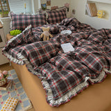 INS Girls Retro Red Grid Bedding Sets New Ruffles Lace Bed Sheet Sets Plaid Queen Size Duvet Cover Sets With Pillowcases