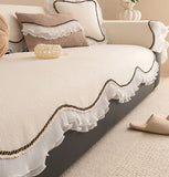 European Teddy Velvet Sofa Cushion with Lace Thick Anti Slip Couch Cover for All Seasons Irregular Hemline Furniture Protector