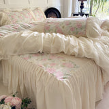 3/4Pcs Rose Flower Print Bedding Set Korean Style Luxury Princess Lace Duvet Cover Bed Skirt Pillowcase 100% Cotton Home Textile