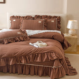 100% Cotton yarn-dyed Plaid Washed Cotton Ruffles Korean Princess Bedding Set Duvet Cover Quilted Bedspread Pillowcases 4Pcs