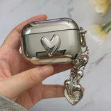 Electroplated Silver Soft TPU Case For AirPods 4 3 Pro 2 1 Mirror Plating Earphone Protective Cover Heart Keychain Accessories