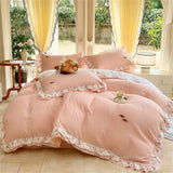 Korean Style Bedding Sets Four Piece Set With Lace Bed Flat Sheet Pillowcase Duvet Cover Set 200x230cm King Size Home Textiles