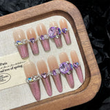 10pcs Pink Purple Gradient Handmade Press On Nails French Cat's Eye Diamond False Nails Fashion Almond Blush Gentle Fake Nails
