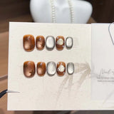 Autumn-winter False Nails Glossy Melard Brown Cat Eye Short Square Round Press on Nail with Glue Star Design Wearable Nail Tips