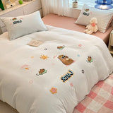 Cute Cartoon Pattern Embroidered Soft Bedding Sets Cozy Breathable Fitted Sheet Kit Kids Adults Bedroom Decor for Spring Summer