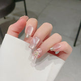 10pcs 3D Flower Handmade Press on Nails Cat Eye Pearl Glitter Sweet French Short Coffin False Nails Full Cover Wearable Manicure