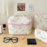 Quilting Cotton Makeup Bag Women Zipper Cosmetic Organizer Cute Bow Flower Cloth Handbag Portable Toiletry Case for Girls