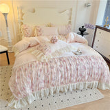 3/4Pcs Princess Style Pink Floral Print Lace Ruffle Boiled Cotton Bed Set Queen Size Double Bed Linen Full-Size For Room