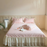 4Pcs Lace Ruffles Bow Wedding Bedding Set Pure Cotton Duvet Cover Set Double Layer Lace Quilted Bedspread Bed Sheet Pillowcases