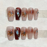 10Pcs Extravagant Handmade Press on Nails with Cat Eye Maple Leaves False Nails Square Ballerina Wearable Manicure Autumn-winter