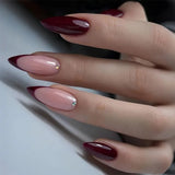 24pcs Red French Press on Nails with Rhinestone Bow Design Long Almond Fake Nails Tips Wearable False Nail Set Finished Manicure