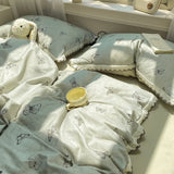 100% Brushed Cotton Bedding Set French Vintage Floral Duvet Cover Black Lace Trim Soft Pure Cotton Bed Sheet Pillowcases 4Pcs