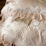 800TC Lyocell Bamboo Fiber Soft Silky Bedding Set Rose Floral Embroidery Lace Ruffles Duvet Cover Flat/Fitted Sheet Pillowcases