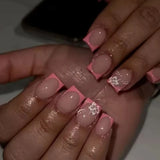 24Pcs Flower Fake Nails Pink French Tip Press on Nails Short Square Wearable False Nail for Women DIY Wearable Artificial Nails