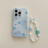Sweet & Delicate Pastel Blue Floral Wrist Chain with 3D Flower Charms Phone Case for iPhone 16 15 14 13 Pro Max Back Cover Capa