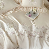1000TC Egyptian Cotton Flowers Embroidery Lace Ruffles Princess Bedding Set Duvet Cover Flat/Fitted Bed Sheet Pillowcases 4Pcs
