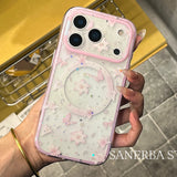 2 IN 1 Cute Flower Dot Magnetic Grip Tok Wireless Charge Phone Case for iPhone 16 15 14 13 17 Pro Max For Magsafe Bumper Cover