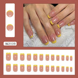 Short Press on Nails French Yellow Plaid Line Style Fake Nails Wearable False Nail Tips Square Press on Artificial Fake Tips