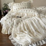 4Pcs Vintage French Pure Cotton Rose Print Pleated Lace Ruffles Bedding Set Queen King Size Duvet Cover Set Bed Sheet Pillowcase
