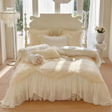 Three-Dimensional Rose Flowers Lace Ruffles Patchwork Bedding Set, Duvet Cover, Bed Sheet, Pillowcases, Pink, Egyptian Cotton