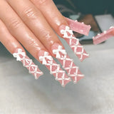 24pcs Wearable Press on Nails Fashion Flower Pearl Design Long Square Fake Nails Tips White French Coffin False Nail Finished