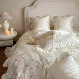 Flowers Embroidery Lace Ruffles Wedding Bedding Set Lyocell Silky Cooling Duvet Cover Set Flat/Fitted Bed Sheet Pillowcases 4Pcs