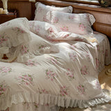 Vintage Lace Ruffles Rose Print Pure Cotton Bedding Set Duvet Cover Set 1.4M/1.5M/1.6M/1.8M/2M Bed Skirt Bedspread Pillowcases