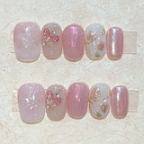 10Pcs Pink Handmade Press On Nails Full Cover Bear Heart Design Short Round Rhinestone False Nails Wearable Manicure Nail Tips