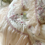 Premium Egyptian Cotton Luxury Wedding Bedding Set Flowers Embroidery Organza Lace Ruffles Duvet Cover Set Bed Sheet Pillowcases