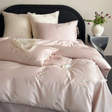 Pink Flowers Embroidery Bedding Set Egyptian Cotton Single Queen King Size Duvet Cover Flat/Fitted Bed Sheet Pillowcases 3/4Pc