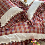 Vintage Lace Ruffles Plaid Print Princess Bedding Set 100% Cotton Double Yarn Duvet Cover Flat/Fitted Bed Sheet Pillowcases 4Pcs