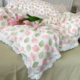 Floral Bedding Set Lace Trim Simple Fresh Elegant Flat Fitted Sheet With Pillowcases Soft Washed Cotton For Women Girl Gift