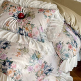 1000TC Egyptian Cotton Vintage French Lace Ruffles Floral Print Bedding Set Duvet Cover Set Bed Sheet/Fitted Sheet Pillowcases