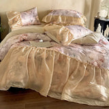 4Pcs French Princess Style Tencel Cotton Ice Silk Summer Cooling Comforter Set Blue Print Ruffle Bedding Set 1.5M Bedspread