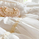 4/6Pcs White Pink 100% Cotton Princess Wedding Bedding Set Three Layers White Chiffon Lace Duvet Cover Set Bed Skirt Pillowcases