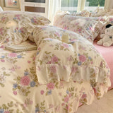 Flower Skin-friendly Bedding Set Class A Washed Cotton Duvet Cover Set Lace Ruffles Quilt Cover Soft Cover Bed Linen Pillowcases