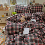 INS Girls Retro Red Grid Bedding Sets New Ruffles Lace Bed Sheet Sets Plaid Queen Size Duvet Cover Sets With Pillowcases