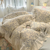 Floral print Korean style Princess Lace Bedding Set Duvet Cover Set Washed Cotton Flat Sheet set Queen For Girl Decor Home
