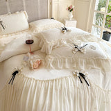 4Pcs Romantic Lace Ruffles Removable Bow Princess Wedding Bedding Sets Warm Milk Velvet Duvet Cover Bed Sheet Set Pillowcases