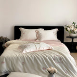 4Pcs Vintage Rose Flowers Embroidery Natural Lyocell Eucalyptus Fiber Bedding Set Duvet Cover Bed Sheet/Fitted Sheet Pillowcases