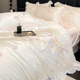 Luxury Bedding Set Butterfly Embroidery Lace Ruffles Ice Silky Soft Summer Bed Set Duvet Cover Set Bed Sheet Pillowcases 4Pcs