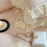 4Pcs Pink Romantic Lace Ruffles Princess Wedding Bedding Set 100% Cotton Duvet Cover Bed Sheet Or Quilted Bedspread Pillowcases